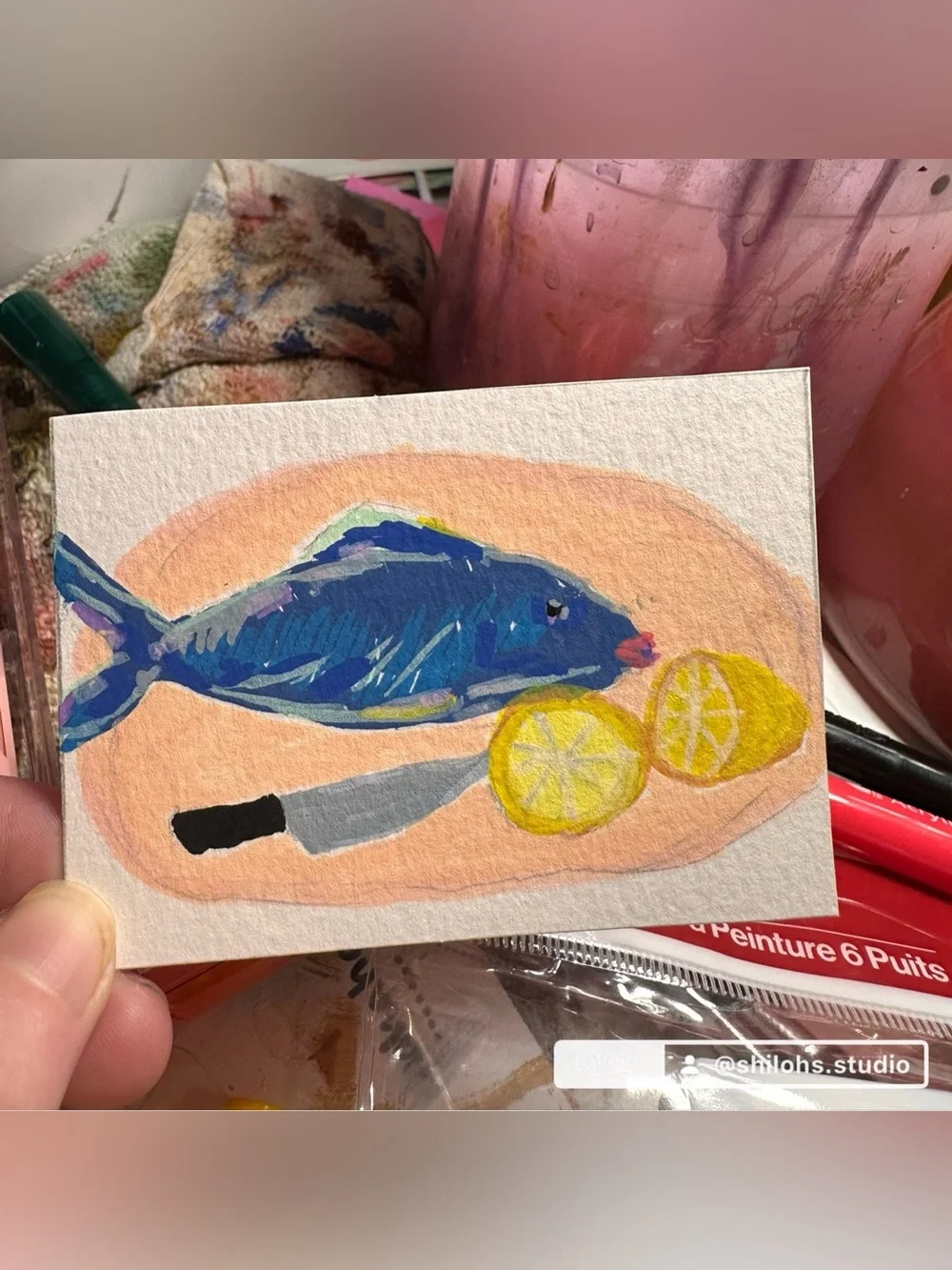 Fish dinner aceo acrylic marker